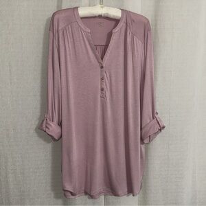 LOFT XL Pink Long Roll Up Tab Sleeve Three Button Front Collarless Top
